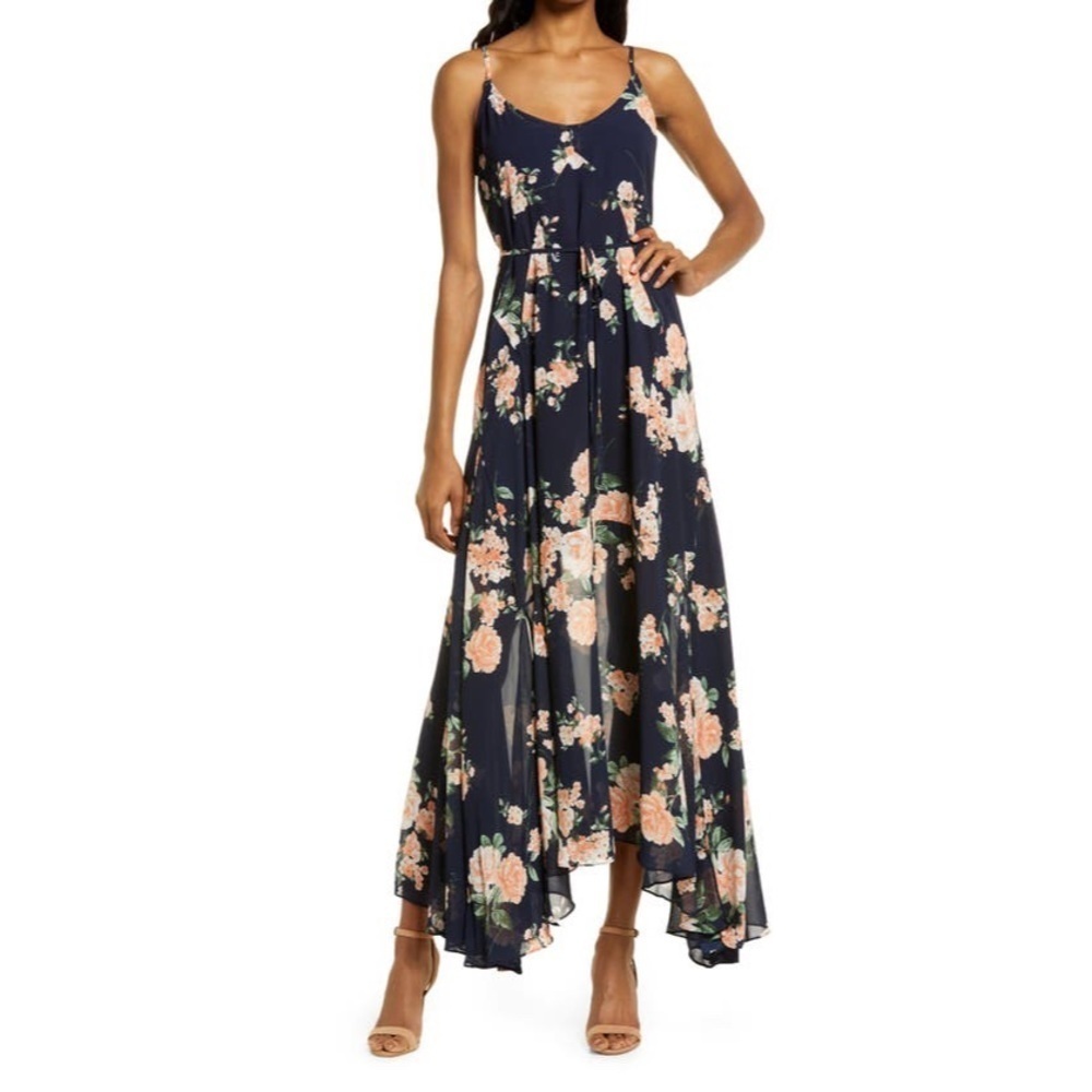 LULUS Feeling Freesia Navy Blue Floral Print Handkerchief Hem Maxi Dress NWT S
